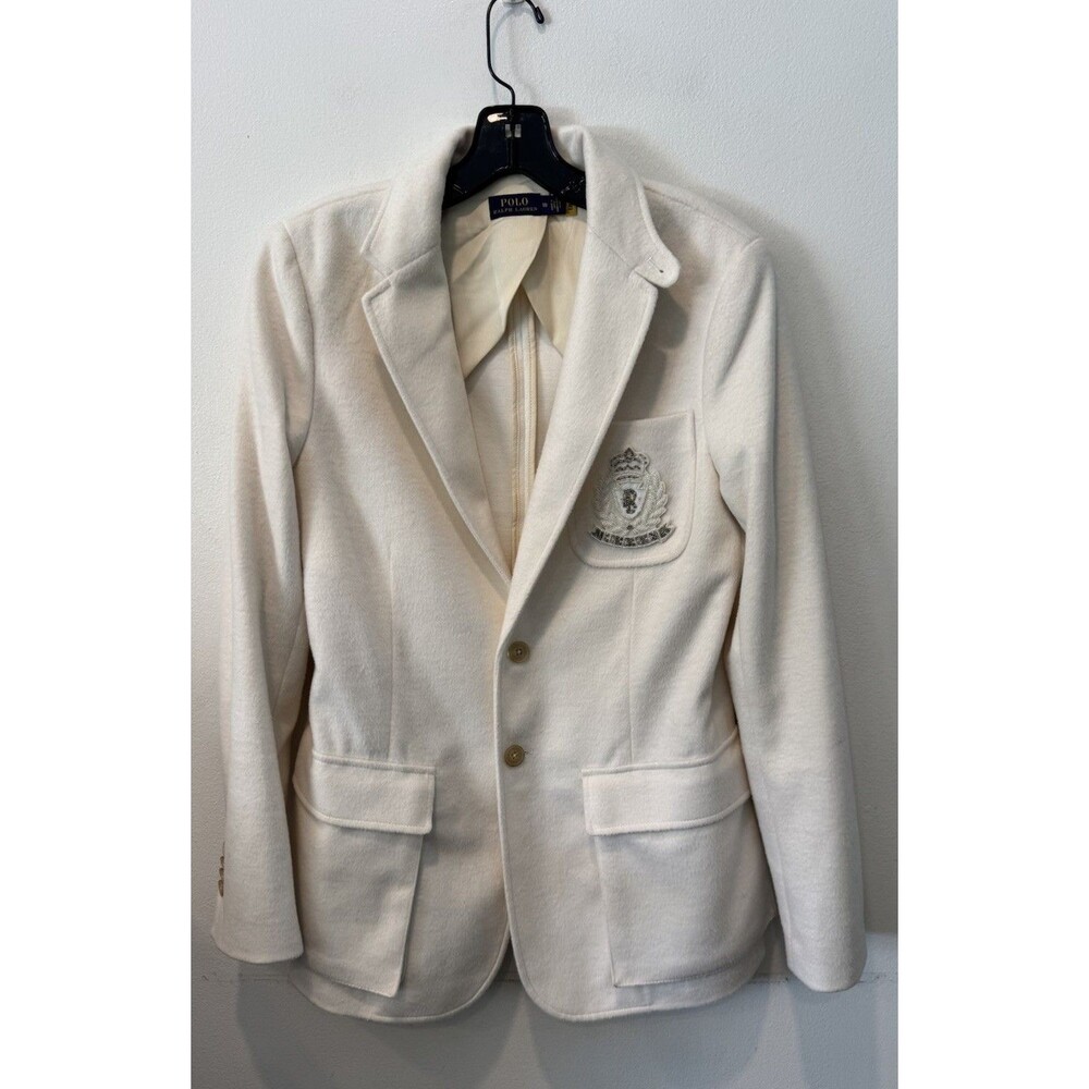 Polo Ralph Lauren Creme Crest Patch Wool Blend Blazer Women’s 10 Quiet Luxury - Picture 4 of 14